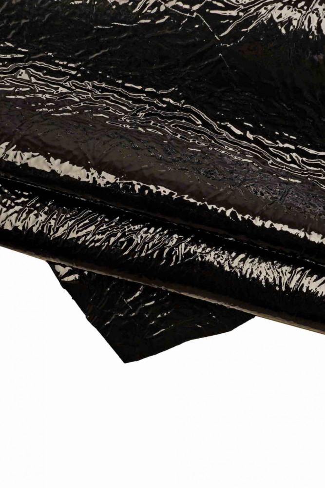 Black PATENT leather skin, naplack goatskin, glossy soft wrinkled skin