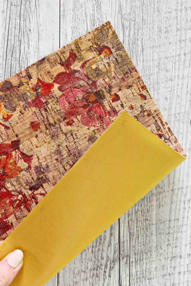 CORK colorful floral print  cork applied to leather calf color ochre   8"x10" 12"x12"