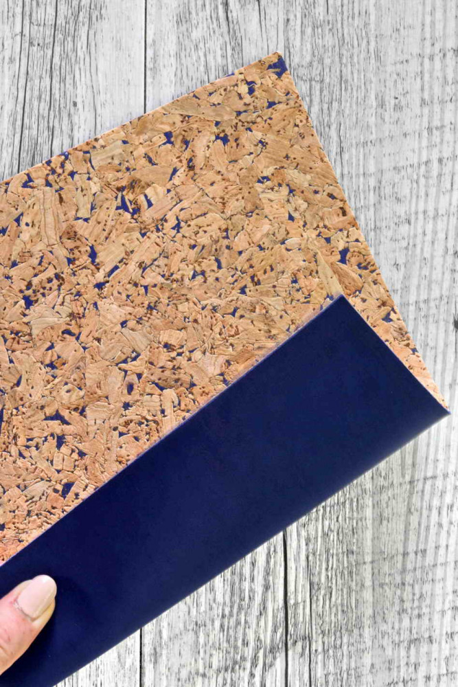 CORK LEATHER -  abstract color blue - spotted cork backed blue calf leather  4,8 x 6 / 8 x 10 / 12 x 12"