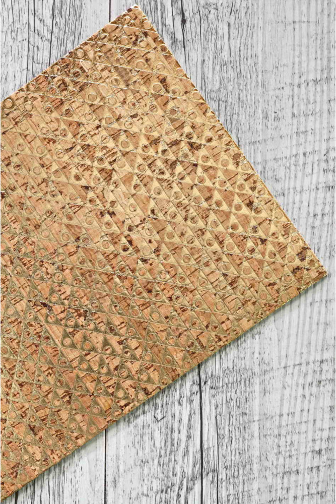 Leather backed cork sheets - gold geometric print - cork applied