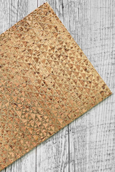 Leather backed cork sheets - gold geometric print - cork applied to gold and white cowhide leather 6x4,8 / 8x10 / 12x12 "