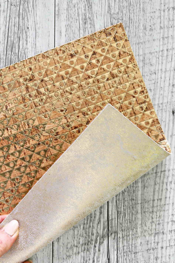 Leather backed cork sheets - gold geometric print - cork applied to gold and white cowhide leather 6x4,8 / 8x10 / 12x12 "