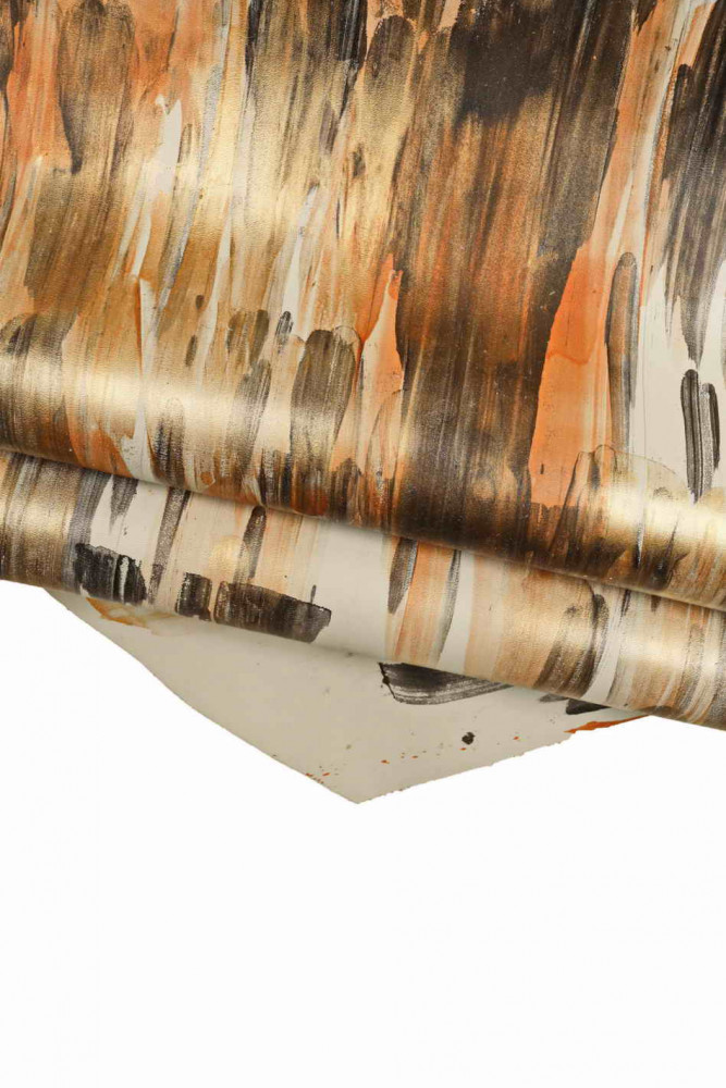Orange black grey ARTISTIC leather hide, original calfskin with strokes texture, rubbery stiff pearlized cowhide