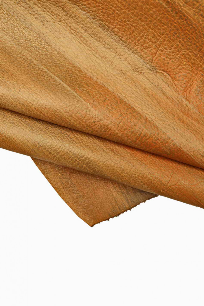 Orange pearlized ARTISTIC leather hide, original handmade pebble grain painted cowhide