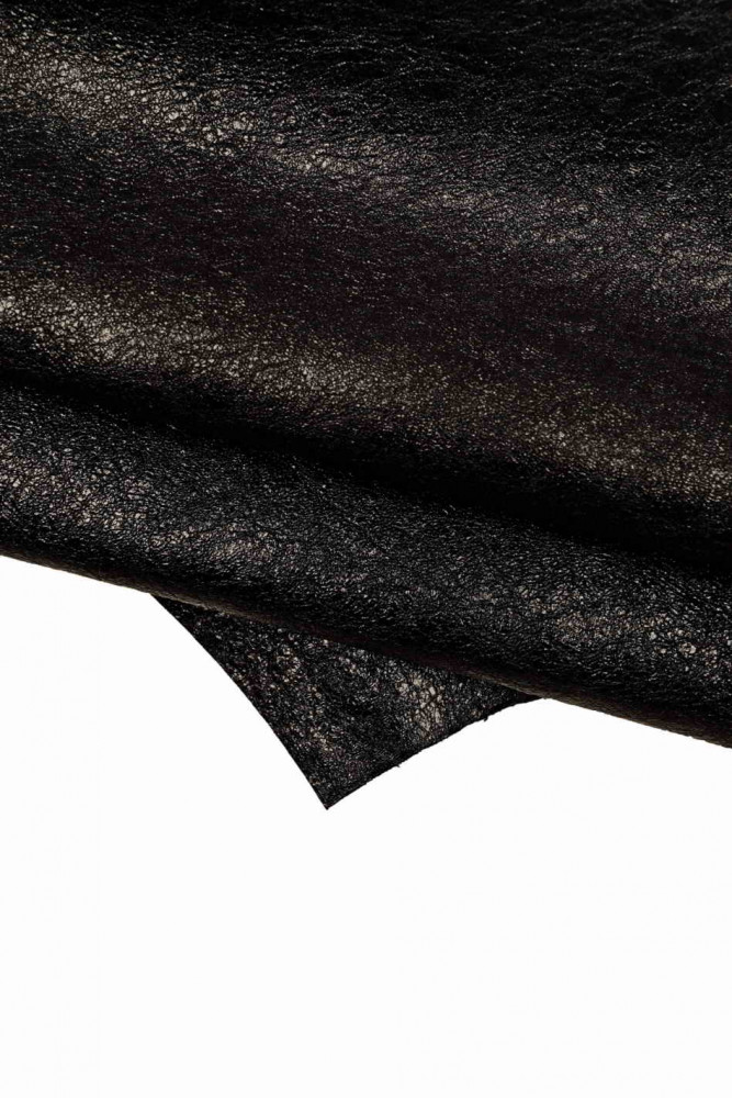 Black METALLIC leather skin, wrinkled metal goatskin, glossy shiny crumpled skin, soft