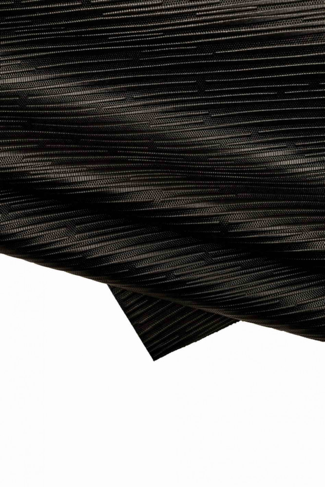 Black 3D print leather hide, semi glossy embossed cowhide, sporty printed calfskin, medium softness
