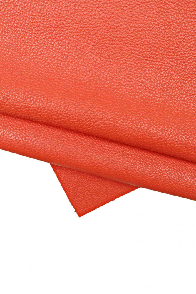 CORAL red cowhide, glossy pebbel grain print leather hide, soft sporty grainy calfskin