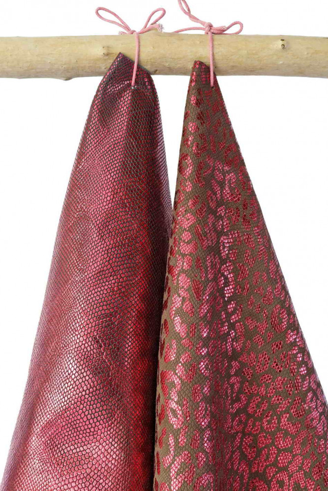 Set of 2 BURGUNDY matching leather skins, pair of metallic snake and leopard printed goatskins as per picture