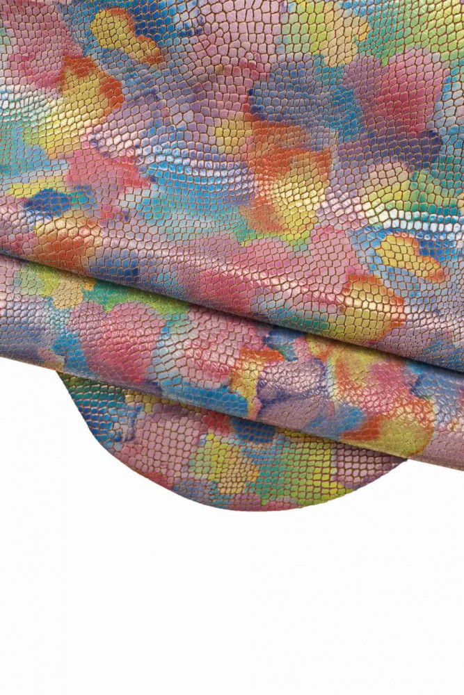MULTICOLOR python printed leather hide, colorful artistic reptile embossed goatskin, glossy fantasy skin