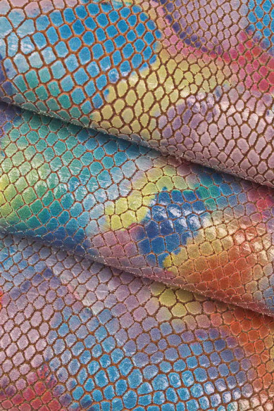 MULTICOLOR python printed leather hide, colorful artistic reptile embossed goatskin, glossy fantasy skin