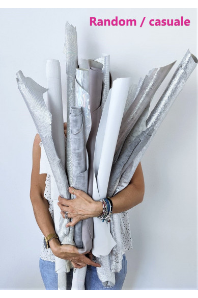 Pelli intere, toni BIANCO e ARGENTO, assortimento casuale, mix di fantasie, stampe e tinta unita, 3 pelli / 6 pelli