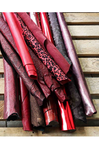 Full leather skins RED and BURGUNDY Random assortment, mix of patterns and solid colors, leather bundles  3 skins / 6 skins