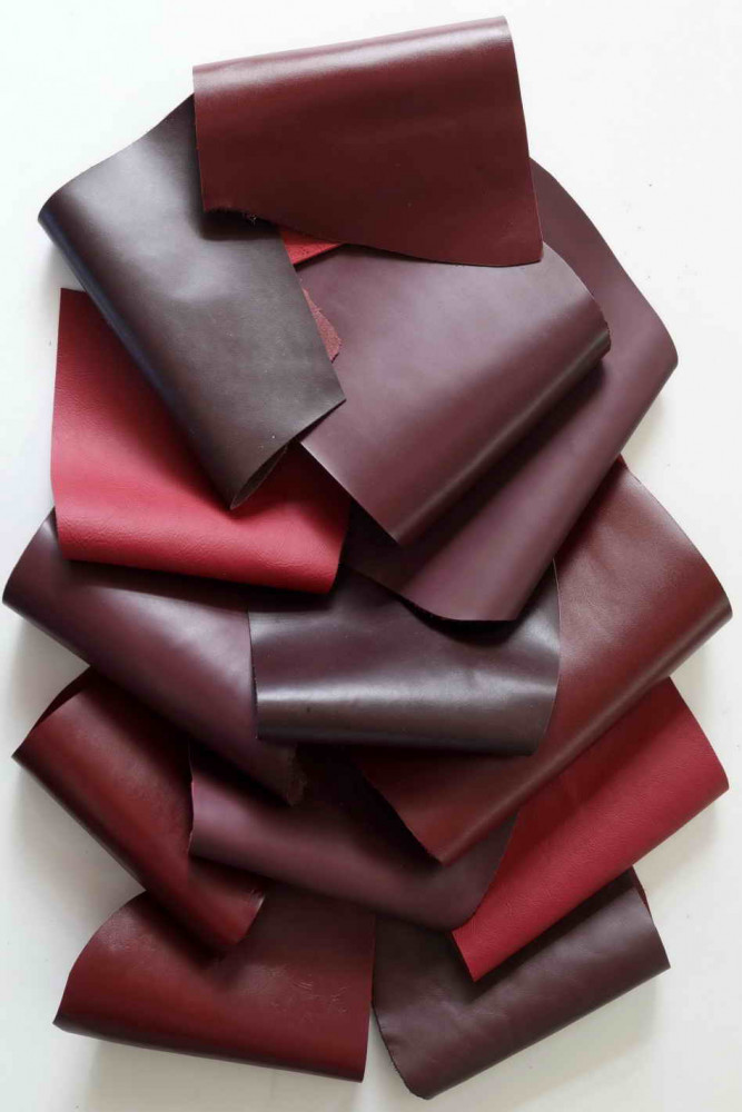 SMOOTH calf SCRAPS bag, solid color different tones of BURGUNDY, finishings various from 1.0 to 1.3 mm(2-3 oz)  1 lbs - 2 lbs