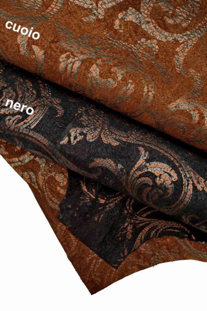 Italian leather, suede goatskins with green/orange floral gothic style metallic print, very soft, in 2 colours