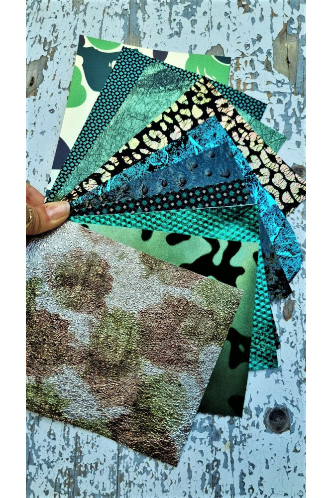 10 Selected leather scraps, GREEN and TURQUOISE tones, mix colorful  selection printed,metallic leather remnants as per pictures