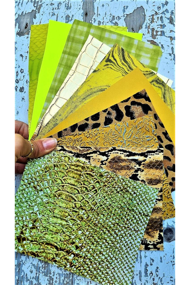 10 Selected leather scraps, GREEN, YELLOW metallic, printed, oleographic, mix colorful selection remnants as per pictures