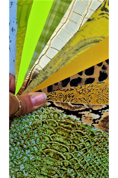 10 Ritagli di pellami unici selezionati, laminati, stampati, VERDE e GIALLO, pezzi di pelle mix fantasie come da foto
