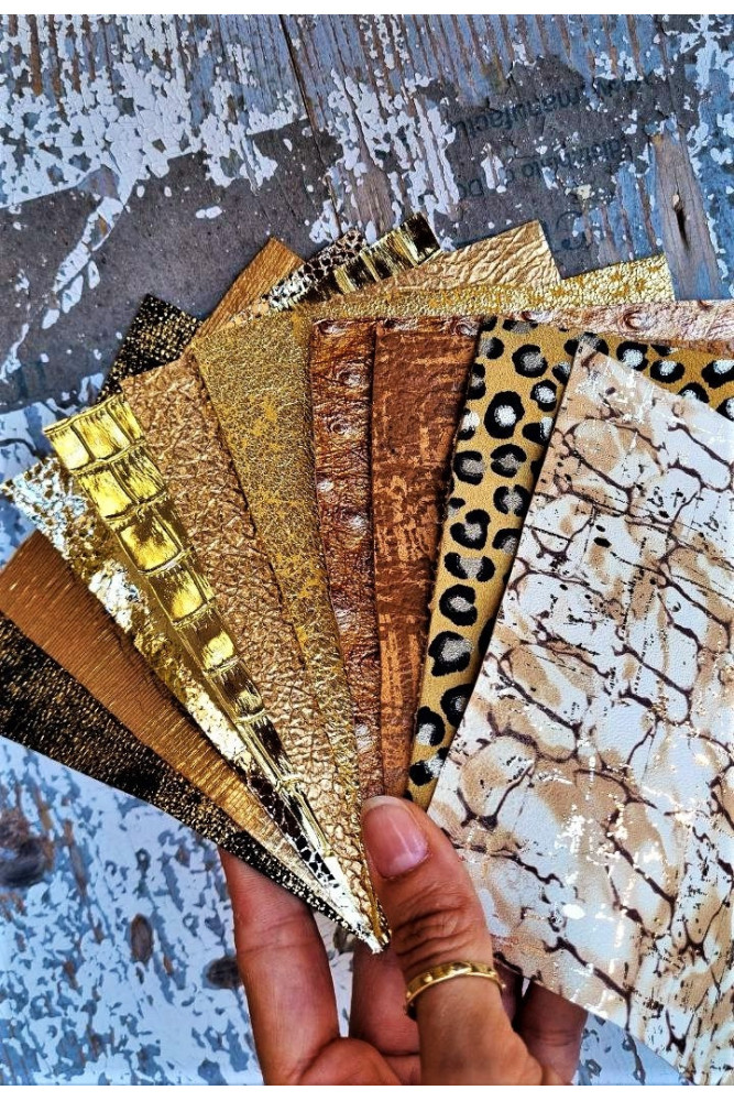 10 Selected leather scraps, GOLD, BEIGE and BROWN, metallic, textured, mix colorful selection leather remnants as per pictures