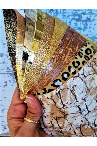 10 Ritagli di pellami unici selezionati, laminati e stampati, ORO, BEIGE e MARRONE, pezzi di pelle mix fantasie come da foto