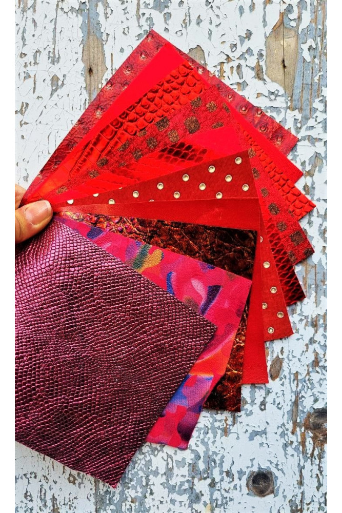 10 Selected leather scraps, RED tones, mix colorful selection leather remnants as per pictures