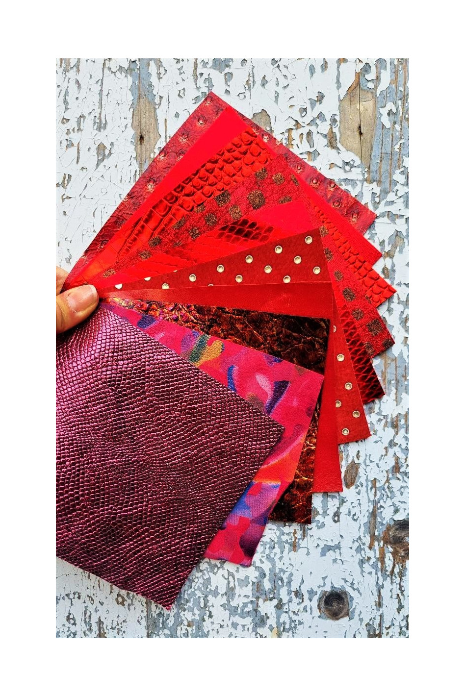 10 Selected leather scraps, RED tones, mix colorful selection leather  remnants as per pictures
