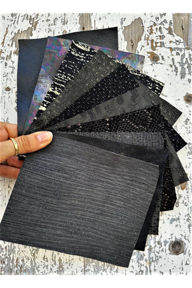 10 Selected leather scraps, BLACK tones, mix metallic printed oleographics selection of leather cutoffs as per pictures