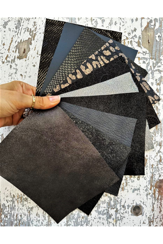 10 Selected leather scraps, BLACK tone, mix colorful printed and metallic selection leather remnants as per pictures