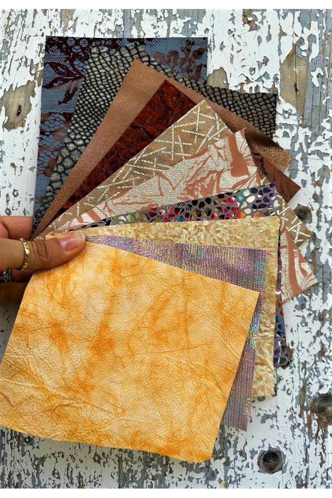 10 Selected leather scraps, MULTICOLOR tones, mix colorful oleographic and  metallic selection leather remnants as per pictures