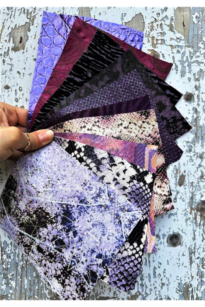 10 selected leather scraps, PURPLE and VIOLET metallic, textured, printed selection of leather remnants as per pictures