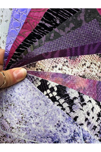 10 RITAGLI di pellami unici selezionati toni del VIOLA, pezzi di pelle assortimento stampe e fantasie come da foto
