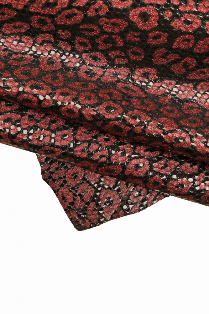METALLIC leopard printed leather skin, black goatskin with red glitter animal texture, soft