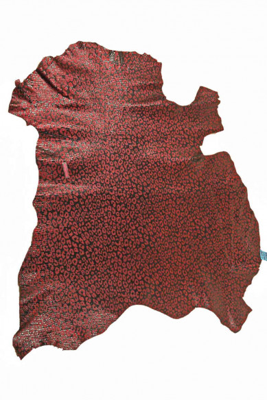 Pellame stampato LEOPARDO laminato, capra nera con disegno metallizzato rosso, pelle glitter stampa animalier morbida