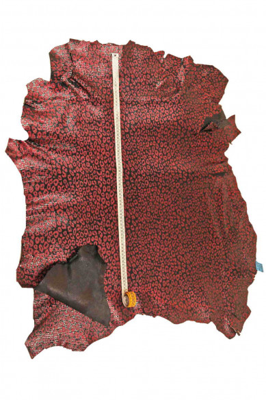 Pellame stampato LEOPARDO laminato, capra nera con disegno metallizzato rosso, pelle glitter stampa animalier morbida
