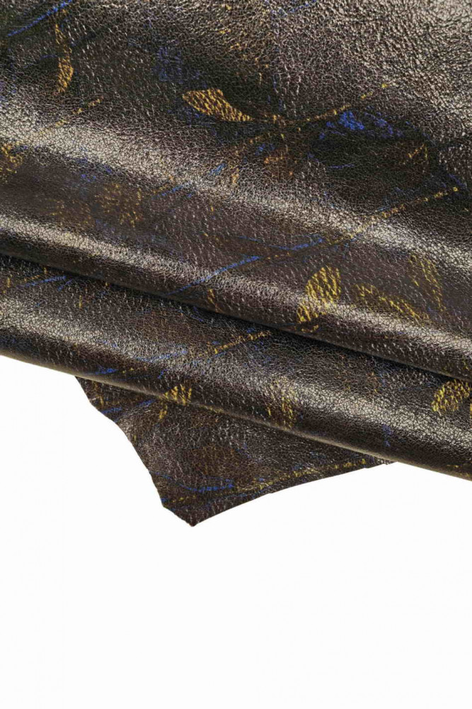 Glossy PRINTED leather skin, black sheepskin with blue and yellow leaves, soft lambskin