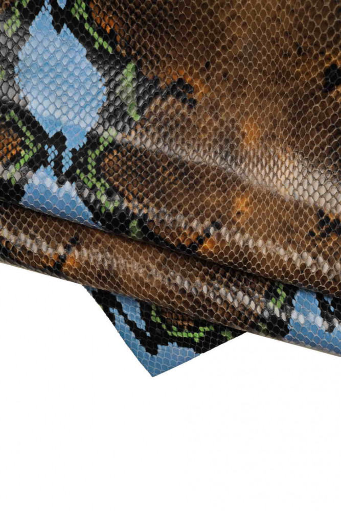 Brown blue green PYTHON PRINTED leather hide, glossy animal print cowhide, soft reptile snake calfskin