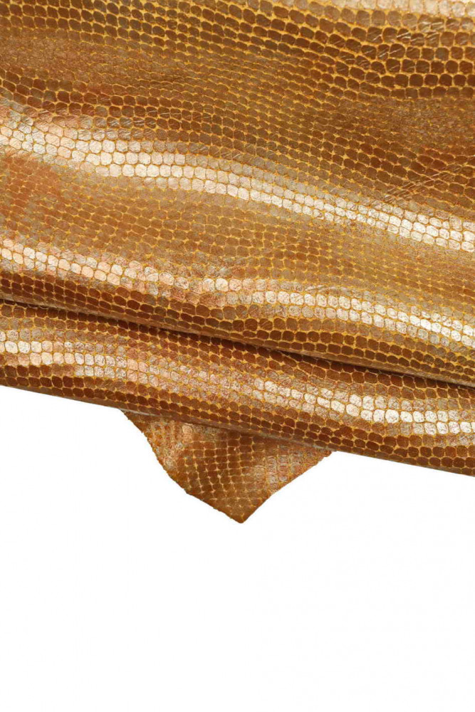 TAN orange PYTHON printed leather skin, reptile metallic textured goatskin, snake print soft skin