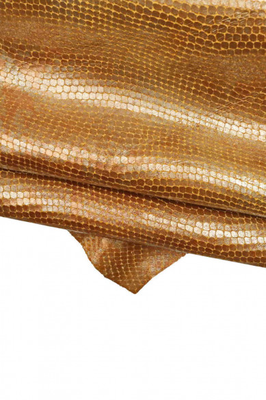 Pellame STAMPATO PITONE cuoio arancio, pelle stampa rettile metallizzata, capra motivo serpente morbida