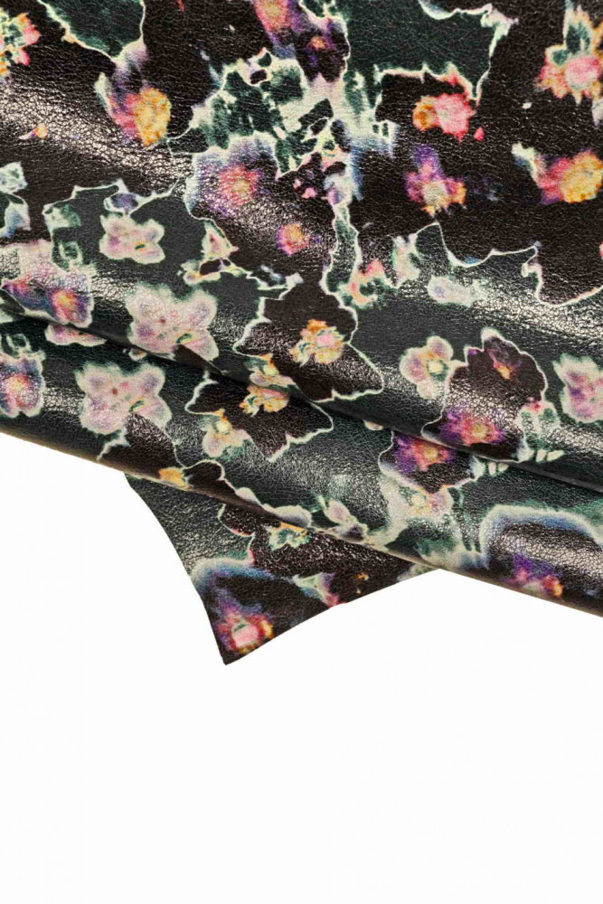 FLORAL printed leather skin, green sheepskin with black pink purple flower texture, glossy soft lambskin