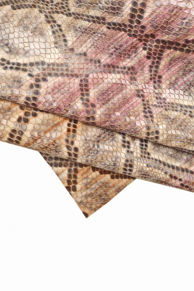 MULTICOLORED PYTHON embossed leather hide, snake printed cowhide, colorful animal textured calfskin, medium softness