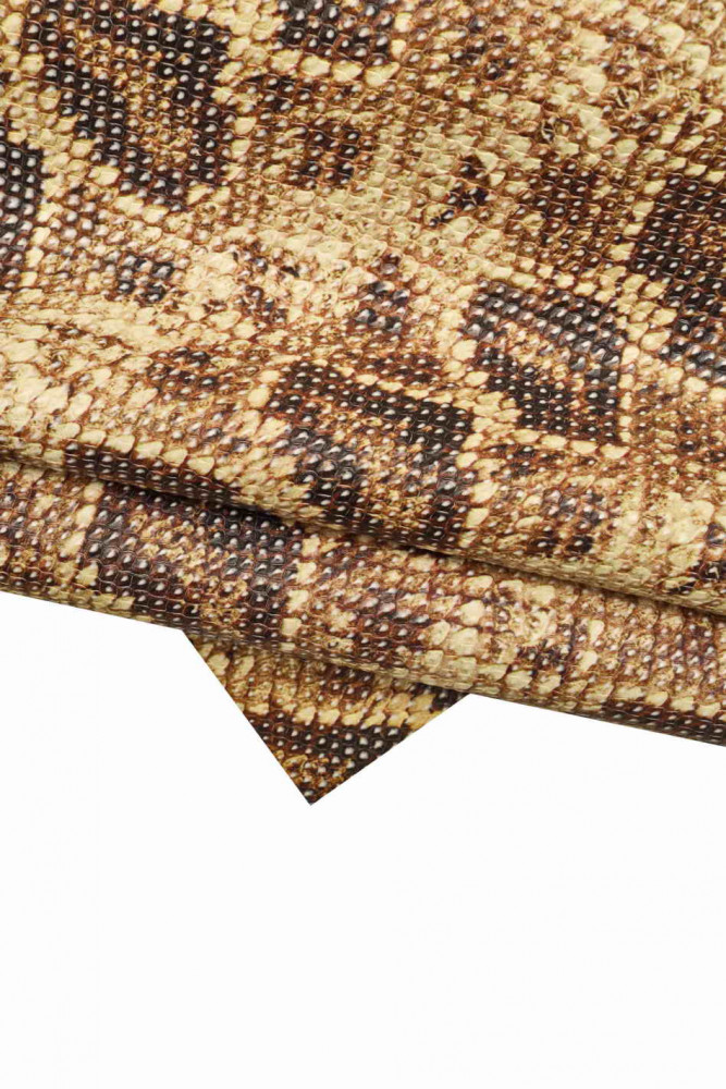Beige brown SNAKE TEXTURED cowhide, glossy python printed calfskin, stiff animal print leather hide