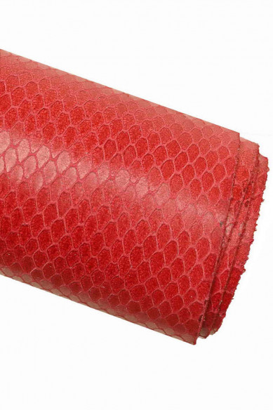 RED PYTHON printed leather hide, glossy snake textured cowhide, soft animal print calfskin
