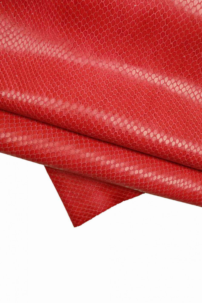 RED PYTHON printed leather hide, glossy snake textured cowhide, soft animal print calfskin