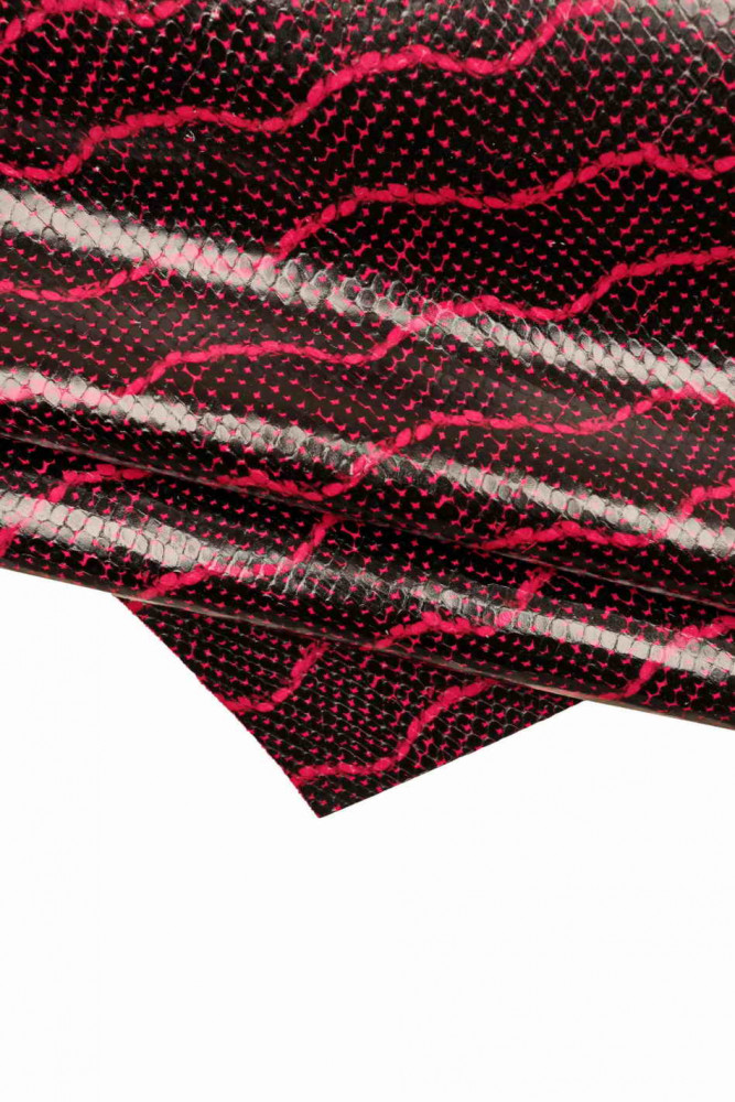 FUCHSIA BLACK printed leather hide, glossy python textured cowhide with wave pattern, slightly stiff calfskin