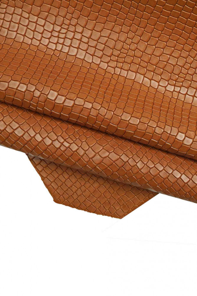 BROWN CROCODILE embossed cowhide, tan croc printed leather hide, animal print on calfskin, medium softness