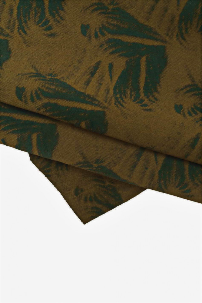 Brown green SPORTY leather hide, vintage printed cowhide, matt very soft suede calfskin
