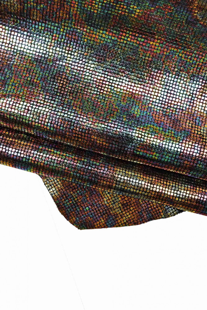 HOLOGRAPHIC printed leather hide, metallic soft calfskin, geometrical embossed cowhide