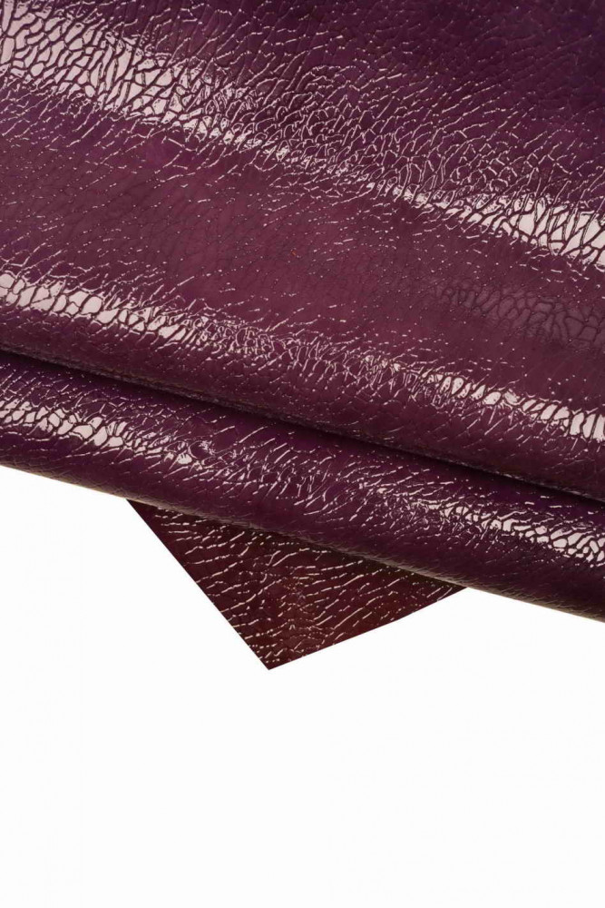 PURPLE printed calfskin, crackle embossed patent leather hide, glossy stiff cowhide