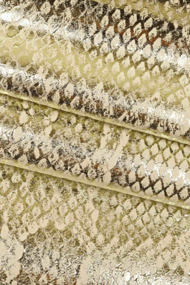 PELLAME laminato platino stampato PITONE, capra metallizzata con disegno serpente, pelle morbida luminosa con stampa animalier