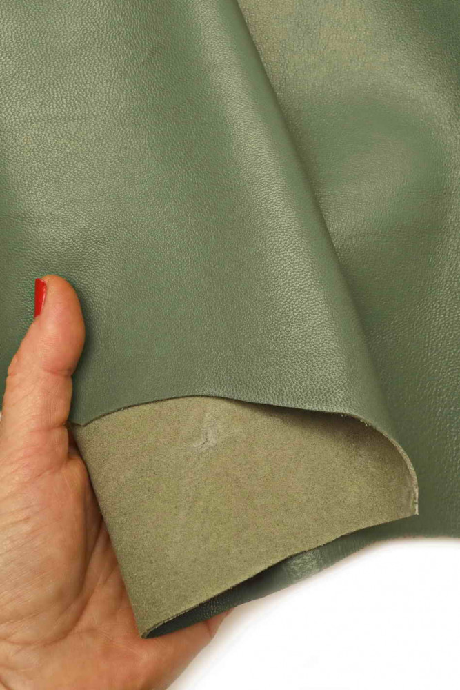 Greyish GREEN soft leather skin, smooth glossy sheepskin, classic lambskin nappa