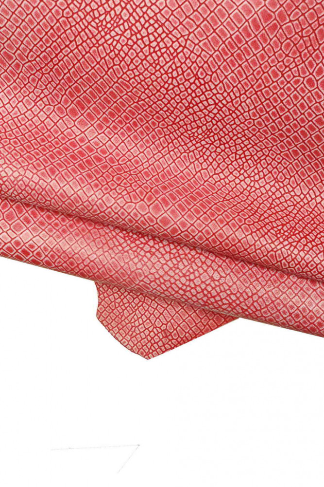 Pink CROCODILE printed leather skin, fuchsia croc embossed goatskin, glossy  stiff hide